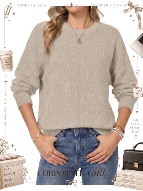Womens Crewneck Knit Sweater Long Sleeve Oversized Pullover Top
